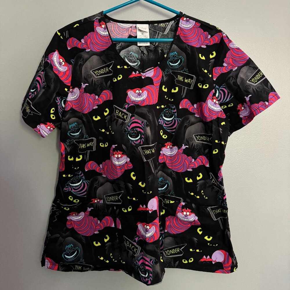 Disney Alice in Wonderland Cheshire Cat Black Scrub Top XL